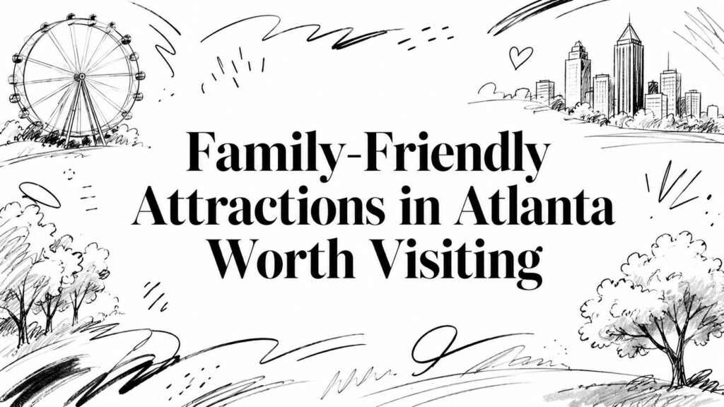 Black and white sketch of Atlanta skyline with Ferris wheel, text reads: Family-Friendly Attractions.