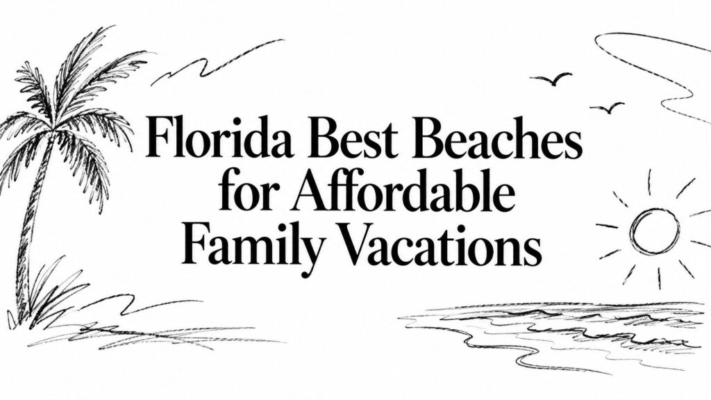 Florida best beaches for affordable family vacations with palm tree, sun, and ocean wave sketches.