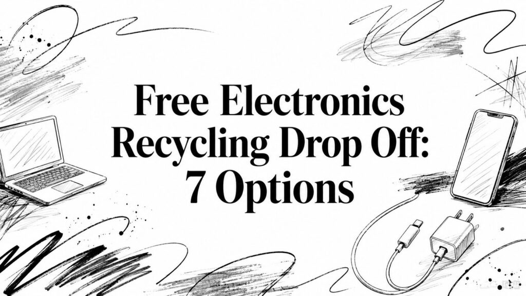 Free Electronics Recycling Drop Off: 7 Options, with sketches of a laptop, phone, and charger displayed.