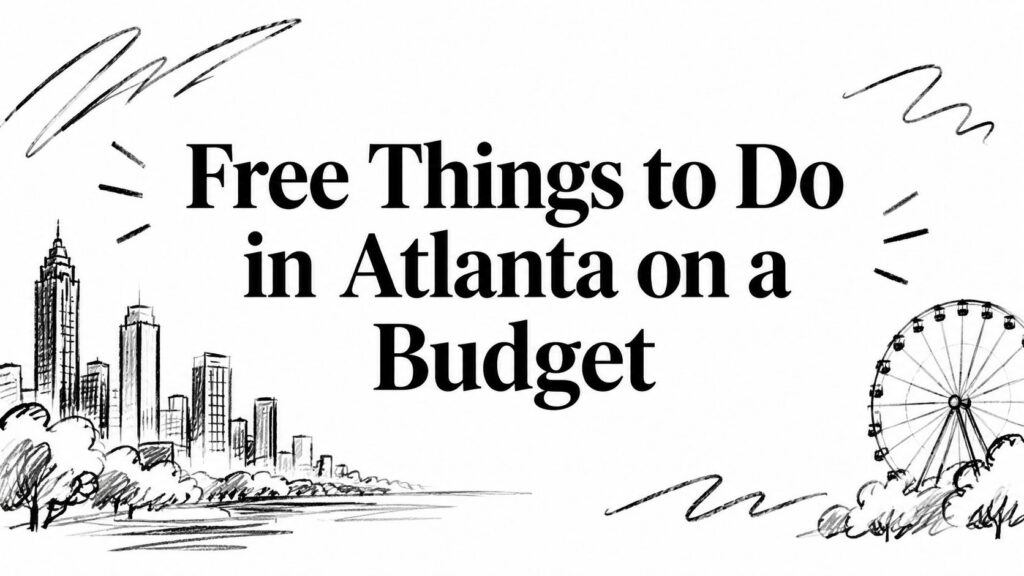 Text reads “Free Things to Do in Atlanta on a Budget” with cityscape and Ferris wheel sketches.