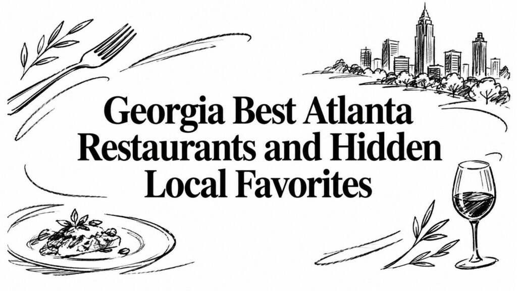 The text “Georgia Best Atlanta Restaurants and Hidden Local Favorites” appears with food and city sketches.