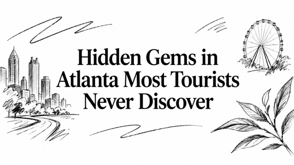 The image shows “Hidden Gems in Atlanta Most Tourists Never Discover” with city, Ferris wheel, and leaves.