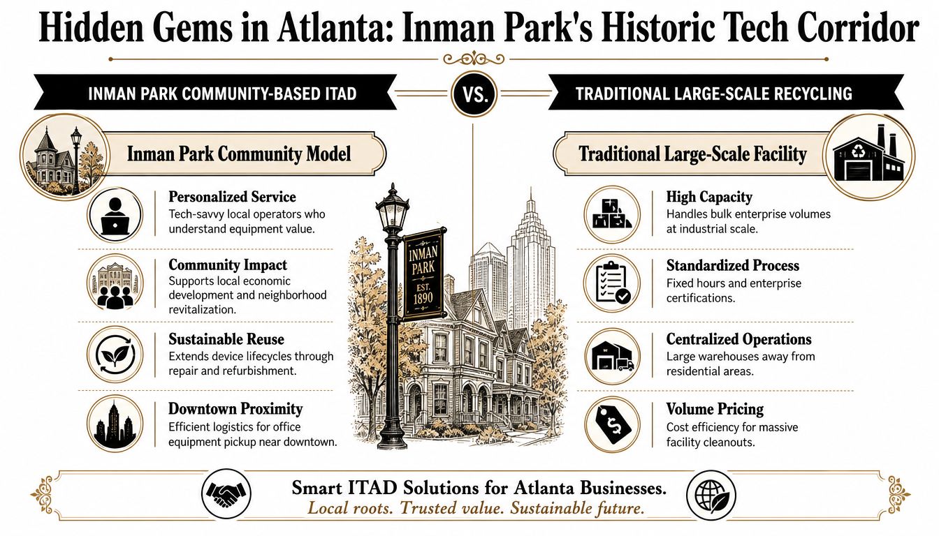 A comparison infographic between Inman Park community-based ITAD services and traditional large-scale electronic recycling facilities in Atlanta.
