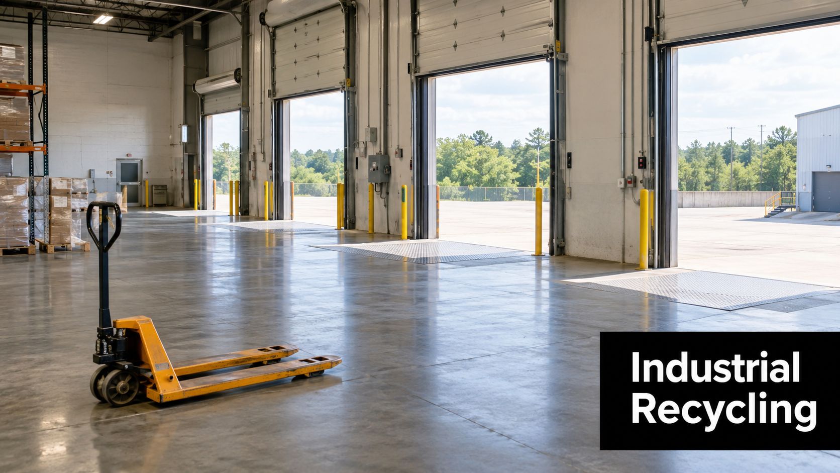An empty warehouse interior featuring loading dock doors and a yellow pallet jack on concrete floors.