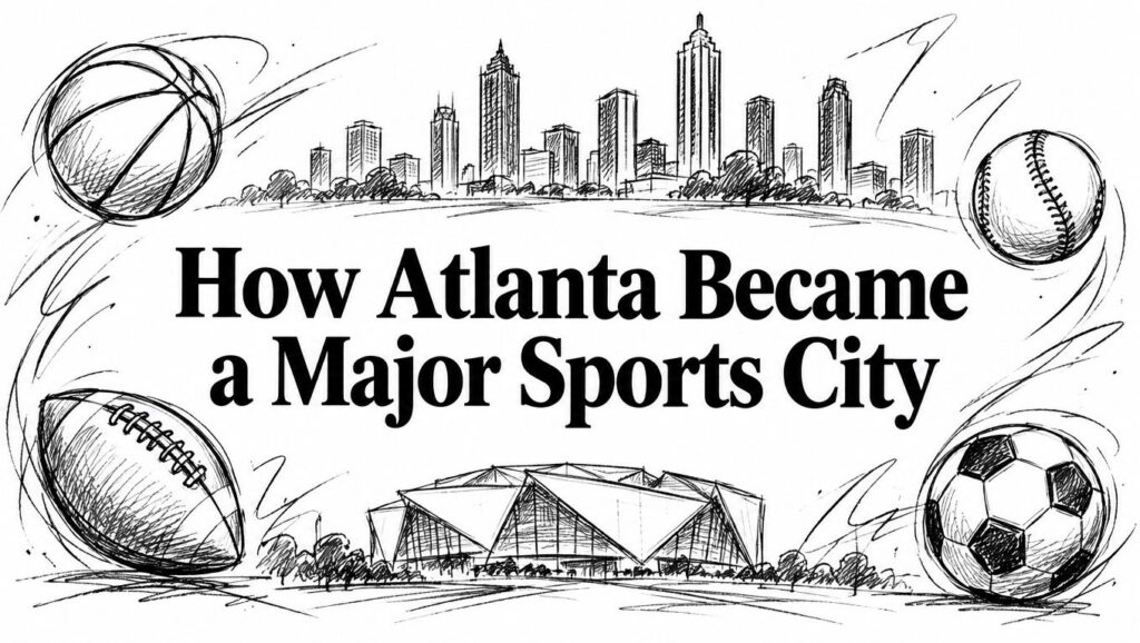 Sketch of Atlanta skyline, sports balls, and stadium with text: “How Atlanta Became a Sports City.”