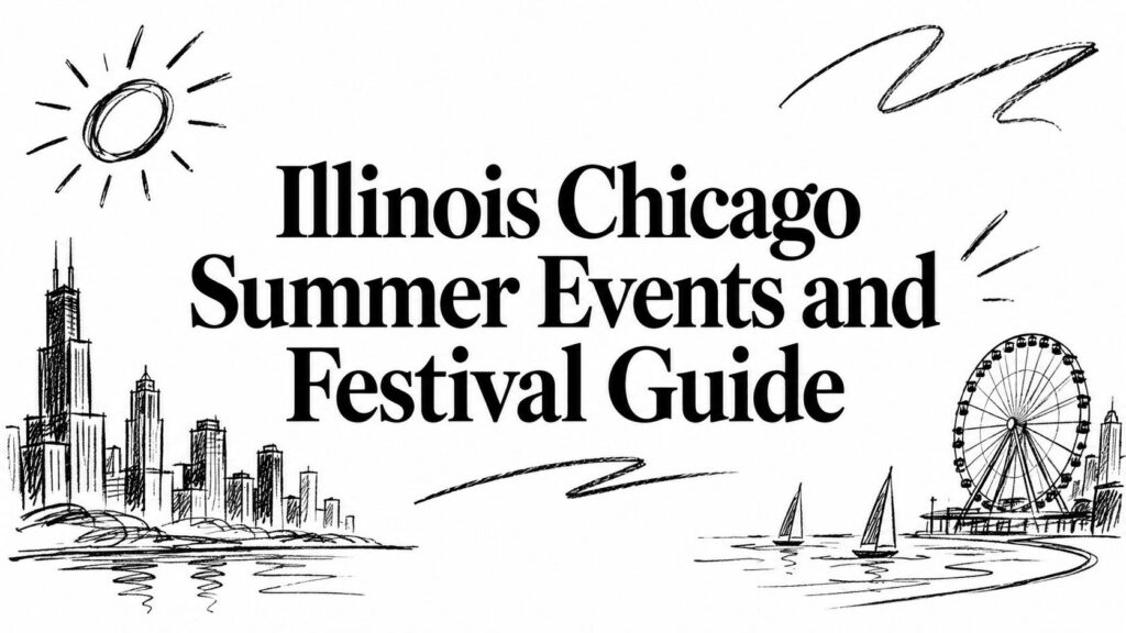 Illinois Chicago Summer Events and Festival Guide features sketches of the skyline, Ferris wheel, and sailboats.