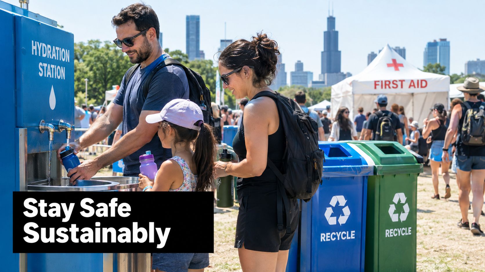 A family fills their reusable water bottles at a festival hydration station with the Chicago skyline background.
