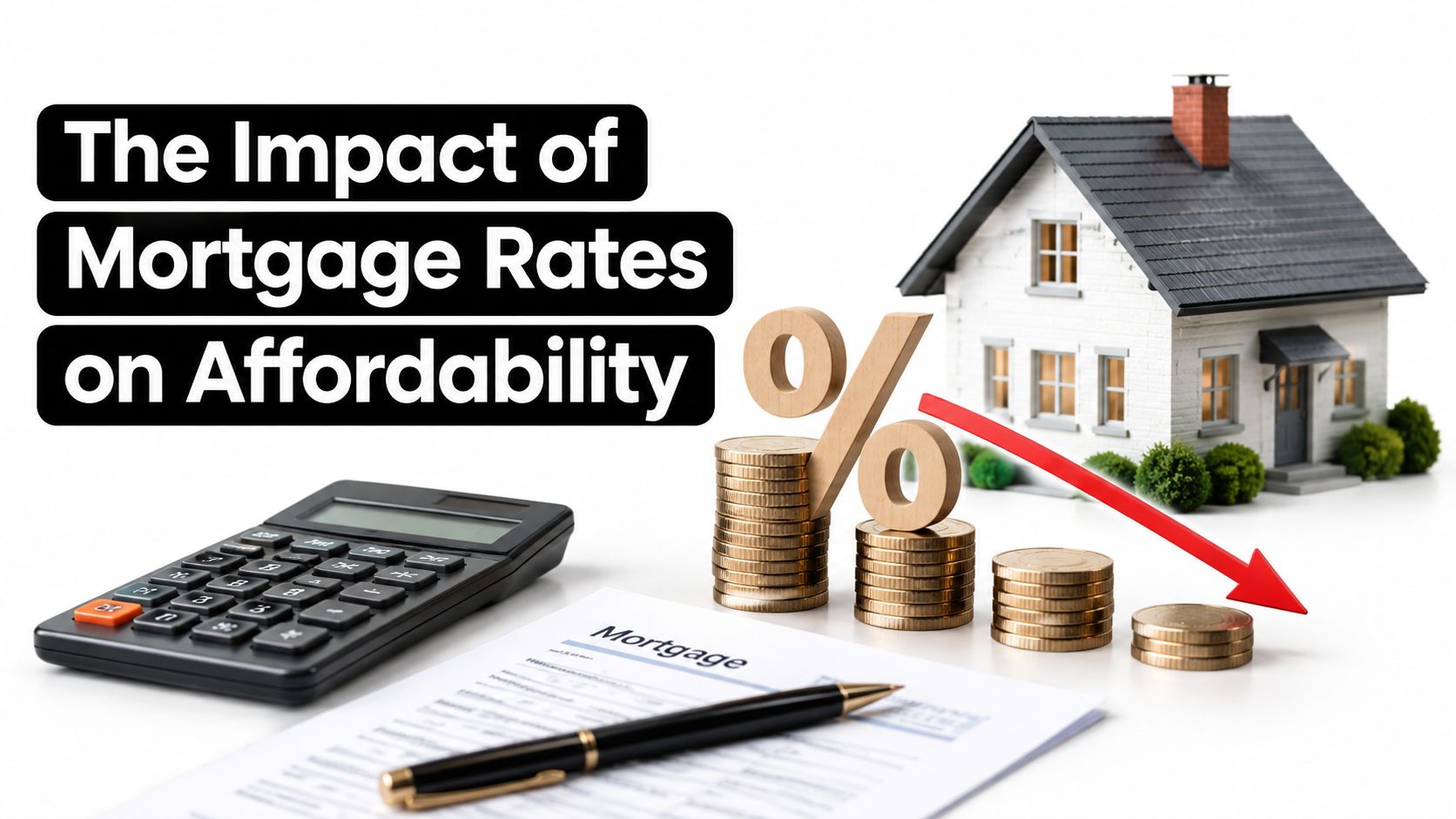 A miniature house with a mortgage document, calculator, and stacked coins showing a declining percentage symbol.