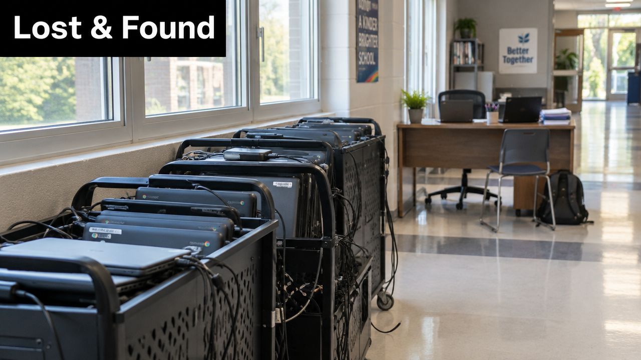 A row of rolling metal charging carts filled with student Chromebook laptops in a quiet school hallway.