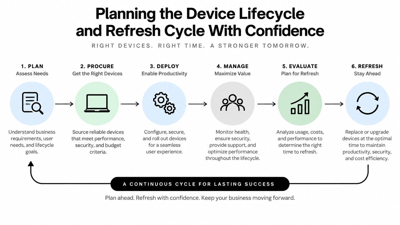 An infographic showing a six-step IT device lifecycle process from planning to refreshing hardware for business.
