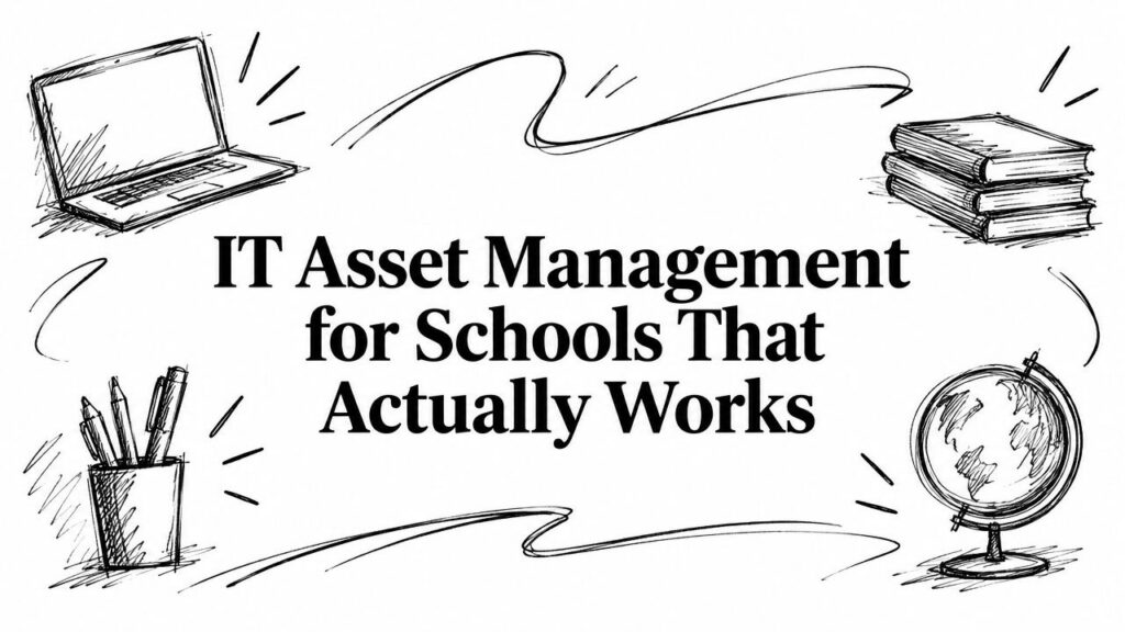 A sketched laptop, books, globe, and pencils illustrate IT asset management for schools that works.