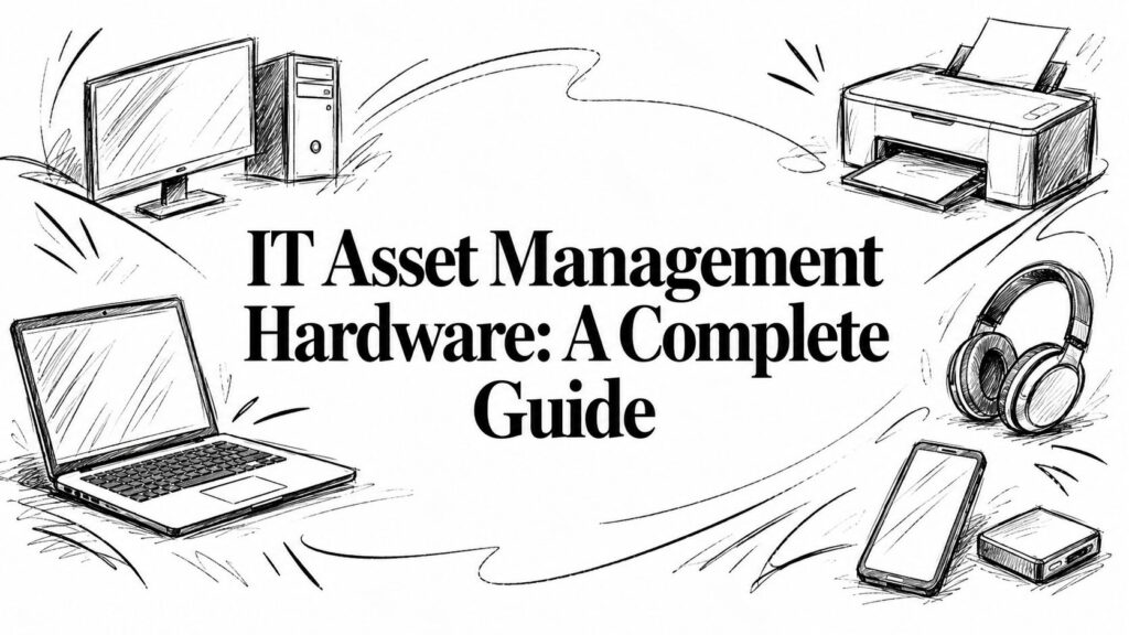 The image displays “IT Asset Management Hardware: A Complete Guide” with monitor and laptop sketches.