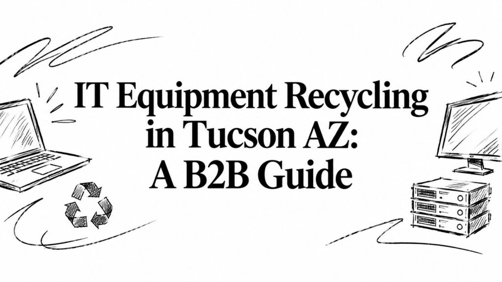 Sketch showing a laptop, servers, and recycling symbol with text about IT equipment recycling in Tucson.