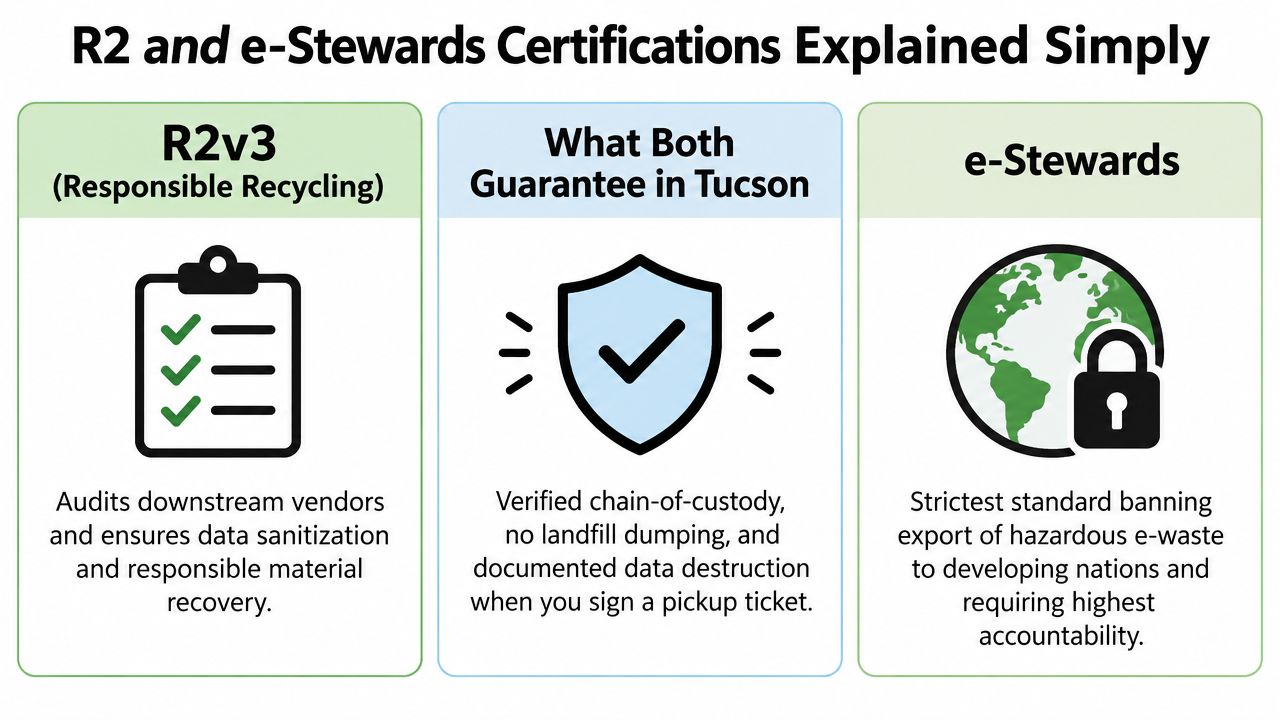 A comparison chart explaining R2v3 and e-Stewards electronic waste recycling certifications and their benefits for Tucson customers.