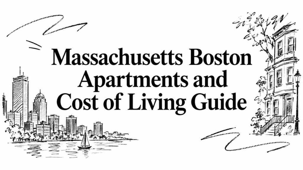 A cityscape and house sketches frame the text, “Massachusetts Boston Apartments and Cost of Living Guide.”