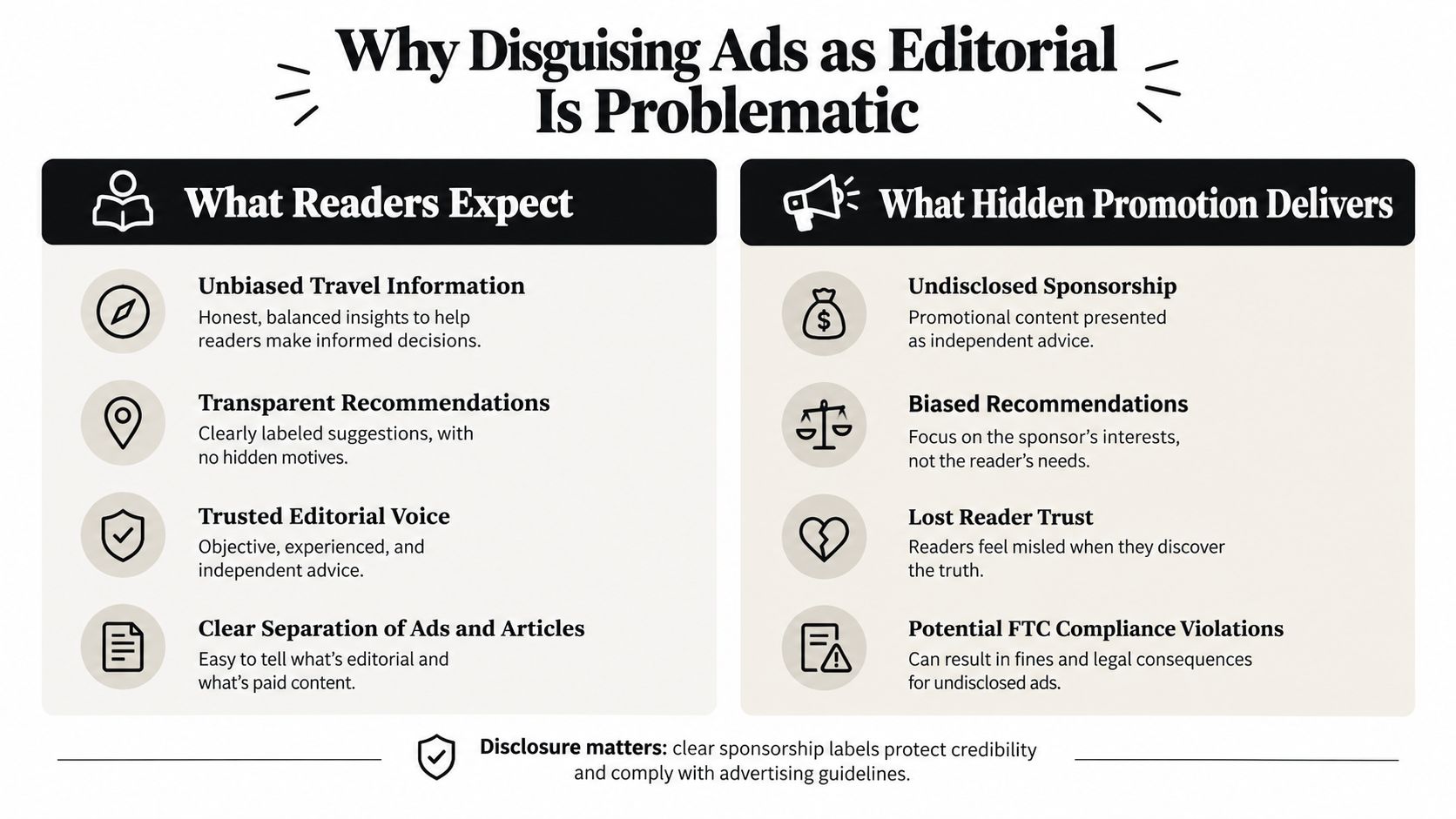 An infographic detailing why disguising advertisements as editorial content is problematic for readers and businesses.