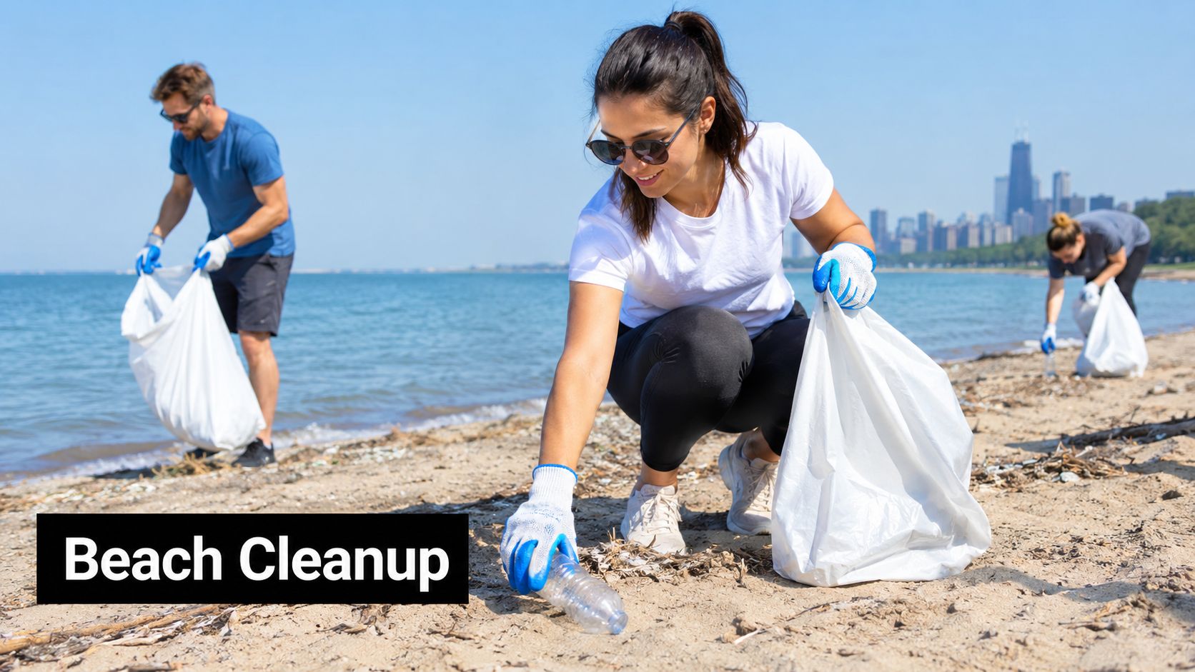 A group of volunteers cleaning up trash and plastic bottles from a sandy beach near Lake Michigan.