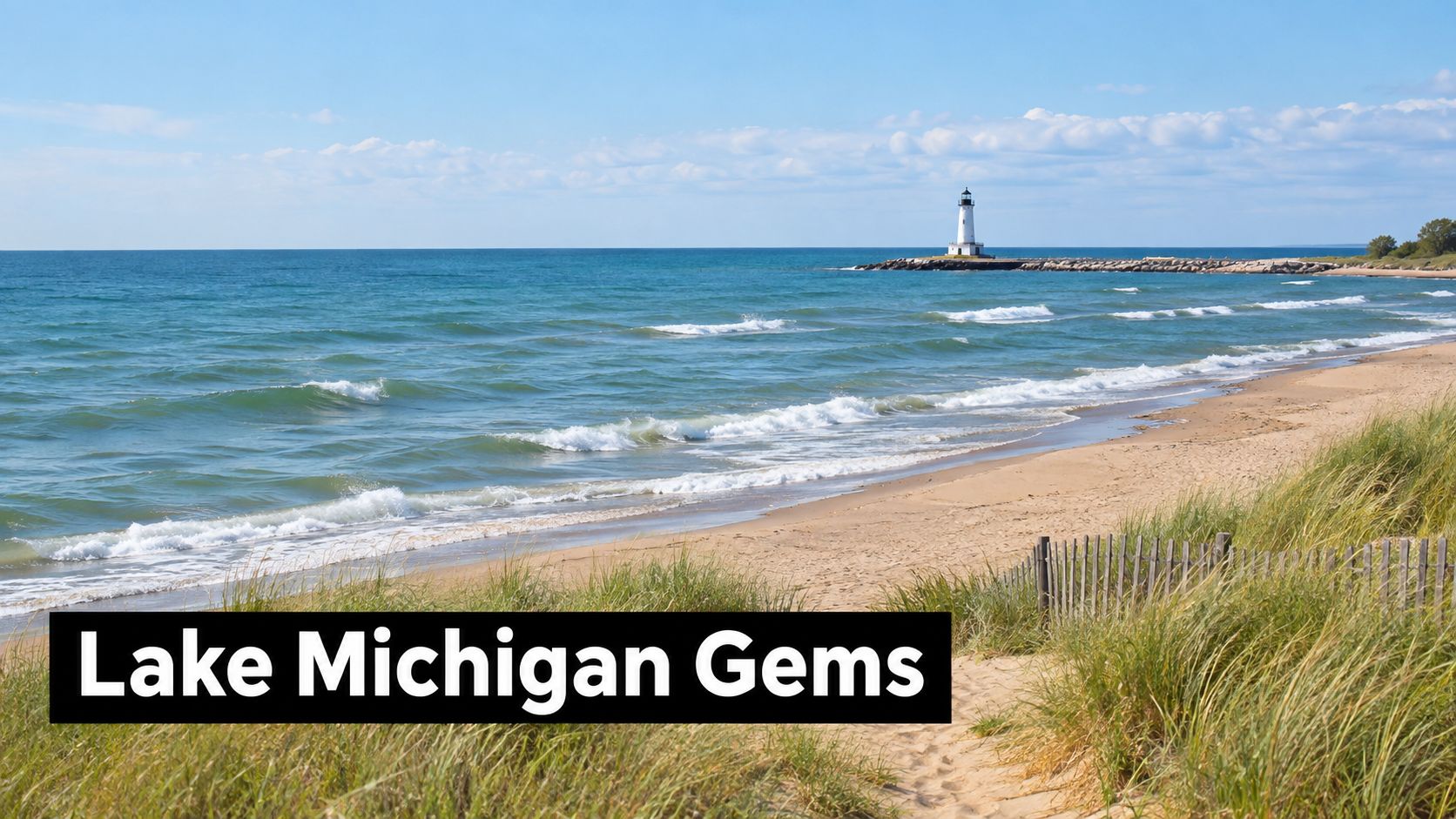 A scenic view of a sandy Lake Michigan beach with tall grass and a white lighthouse offshore.