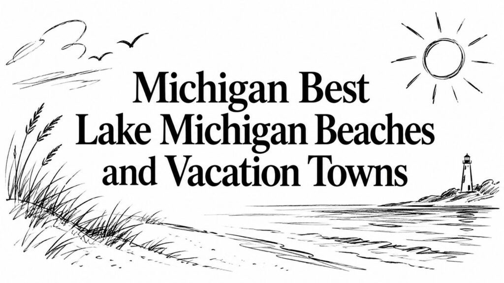 Illustration of a beach, sun, and lighthouse with “Michigan Best Lake Michigan Beaches and Vacation Towns.”