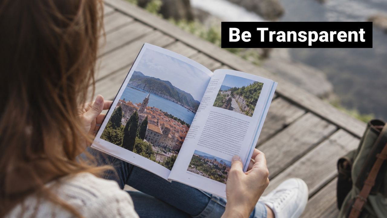 A woman reading an open travel guide book while sitting on a wooden dock overlooking water.