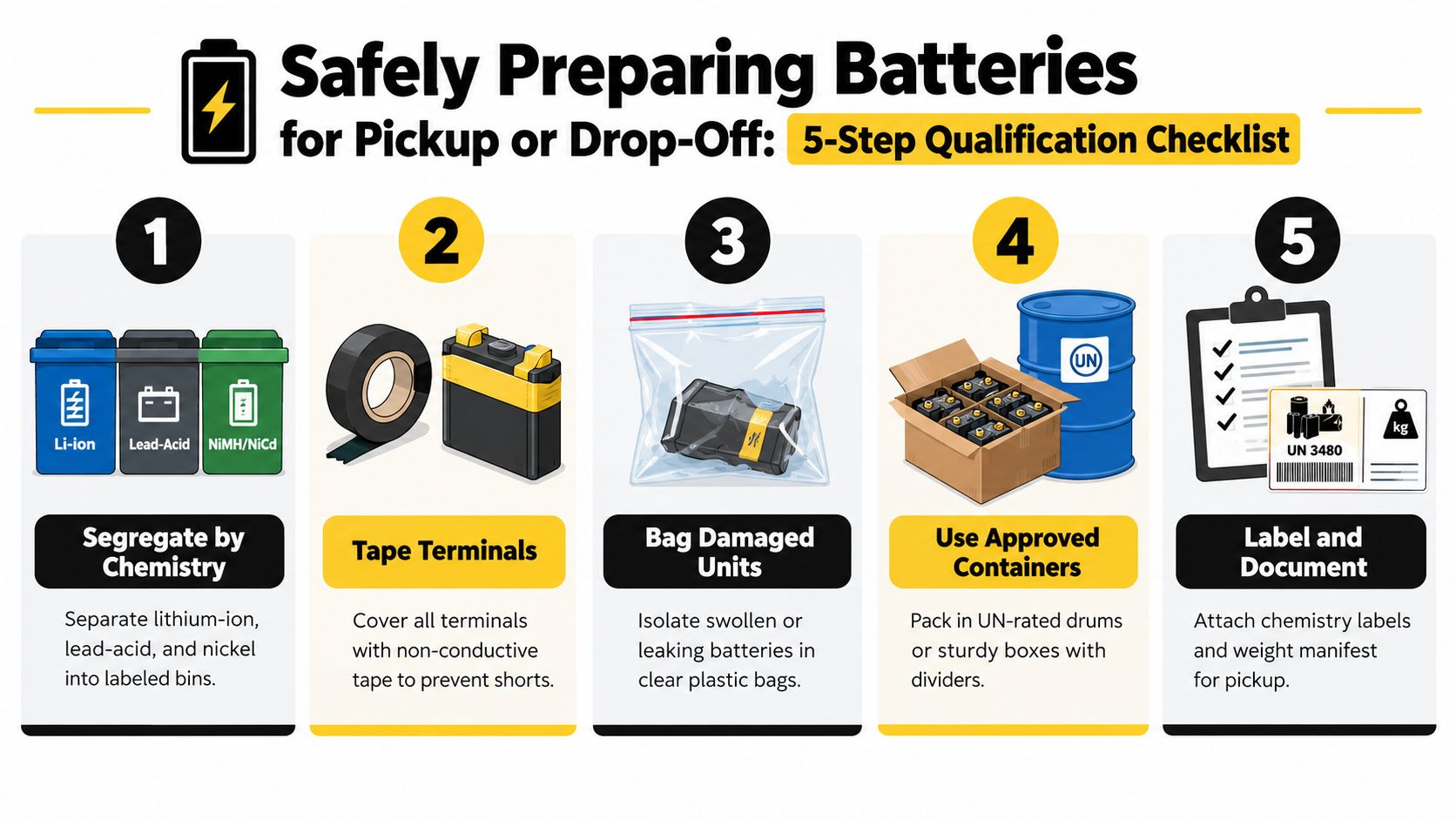 An infographic showing a five-step checklist for safely preparing used batteries for recycling or disposal.