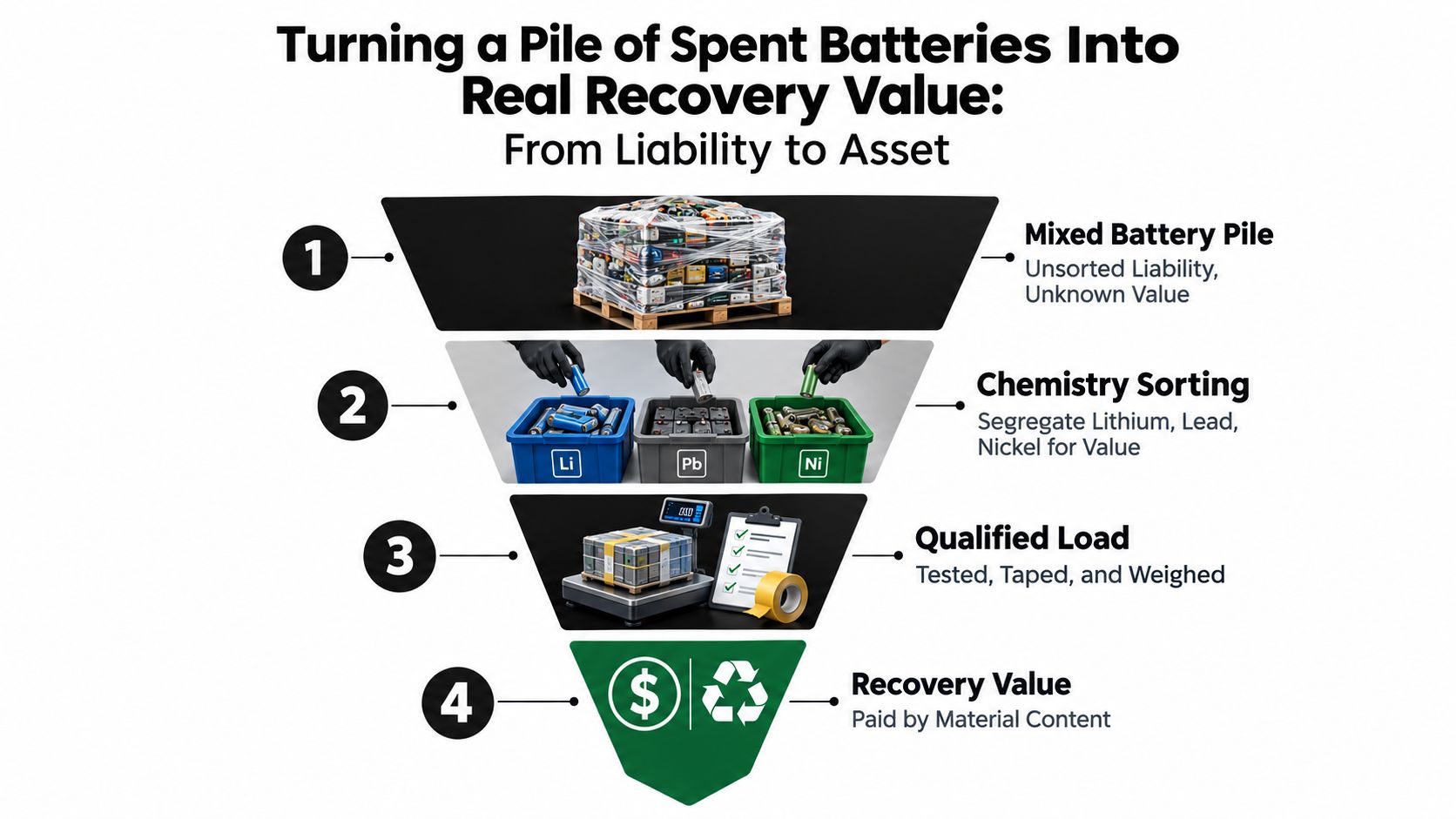 A diagram showing the four-step process of sorting, processing, and recovering value from spent batteries.