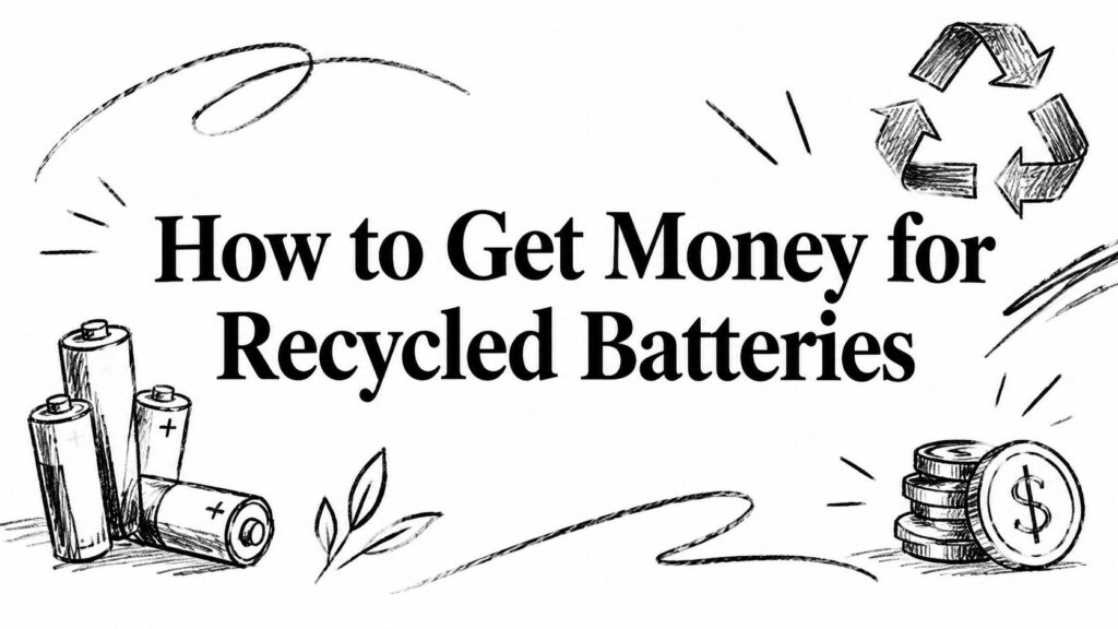 A person sells recycled batteries at a scrap yard, earning money from metals at recycling centers.