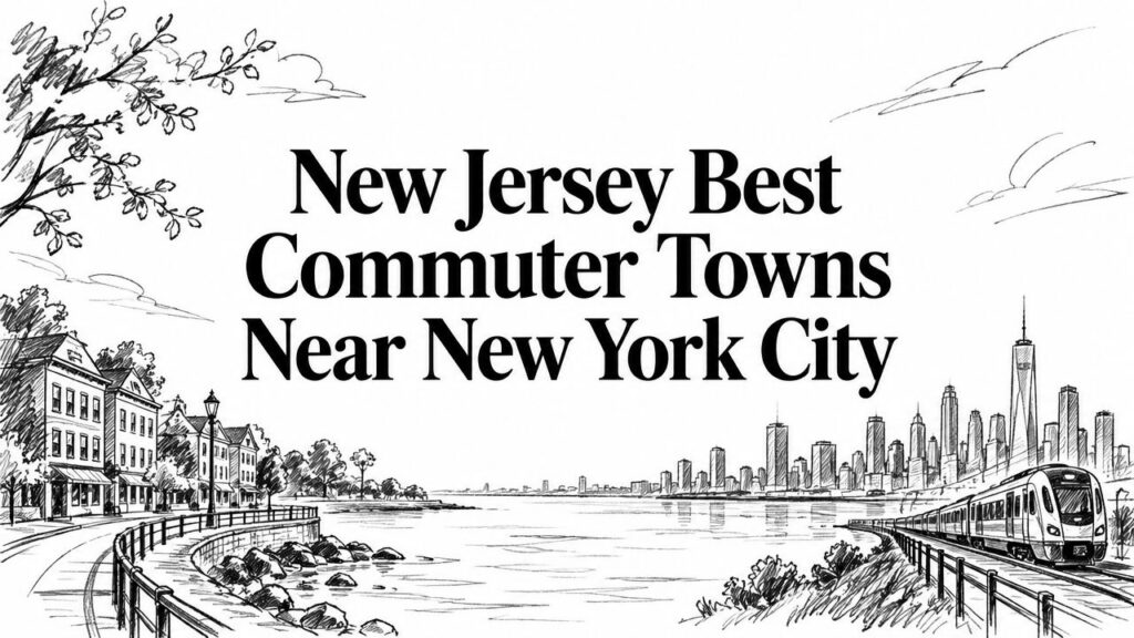 Illustration of a train at waterfront buildings, with text: New Jersey Best Commuter Towns Near NYC.