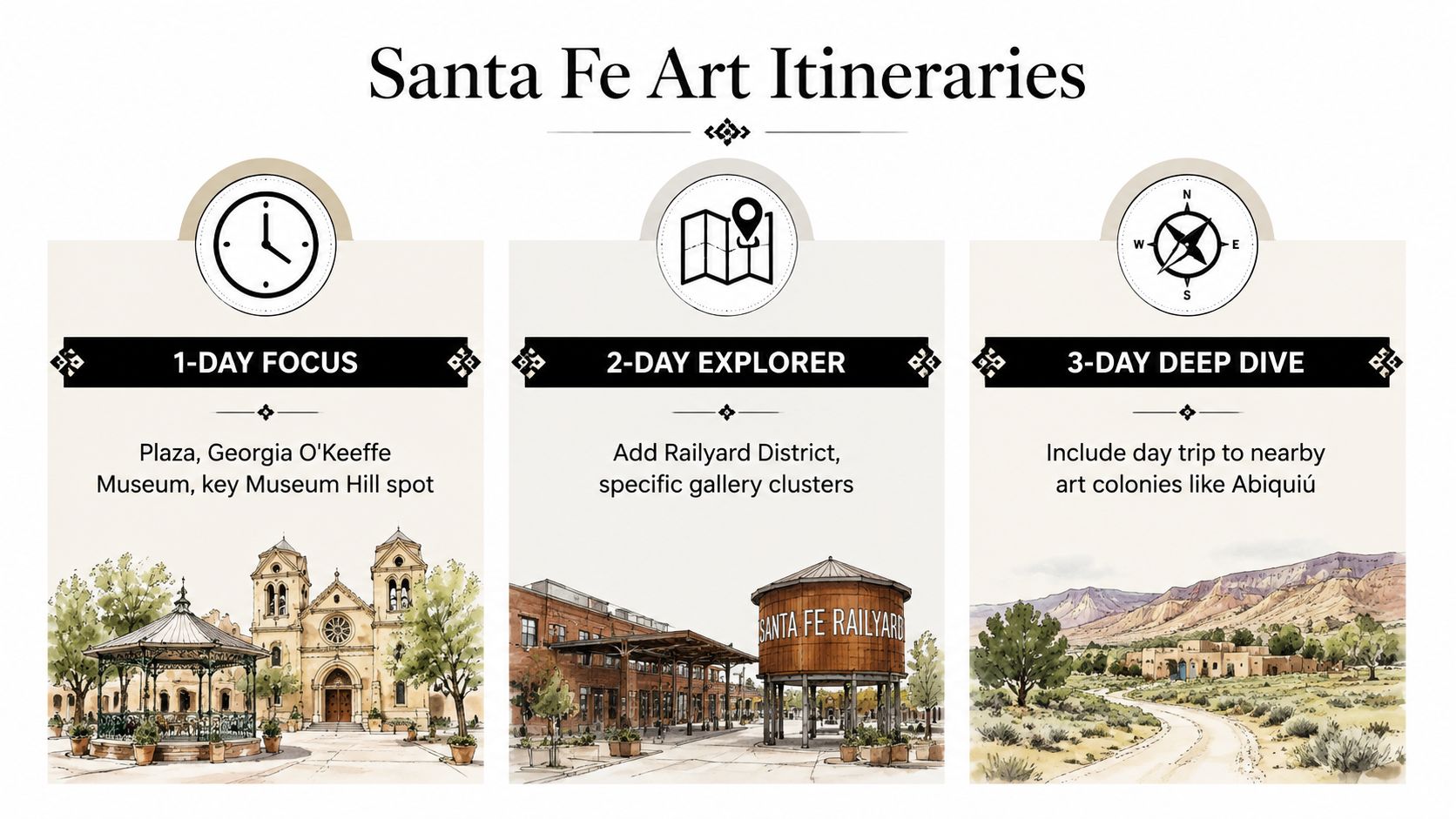 An infographic displaying three Santa Fe art travel itinerary options for one, two, and three-day trips.