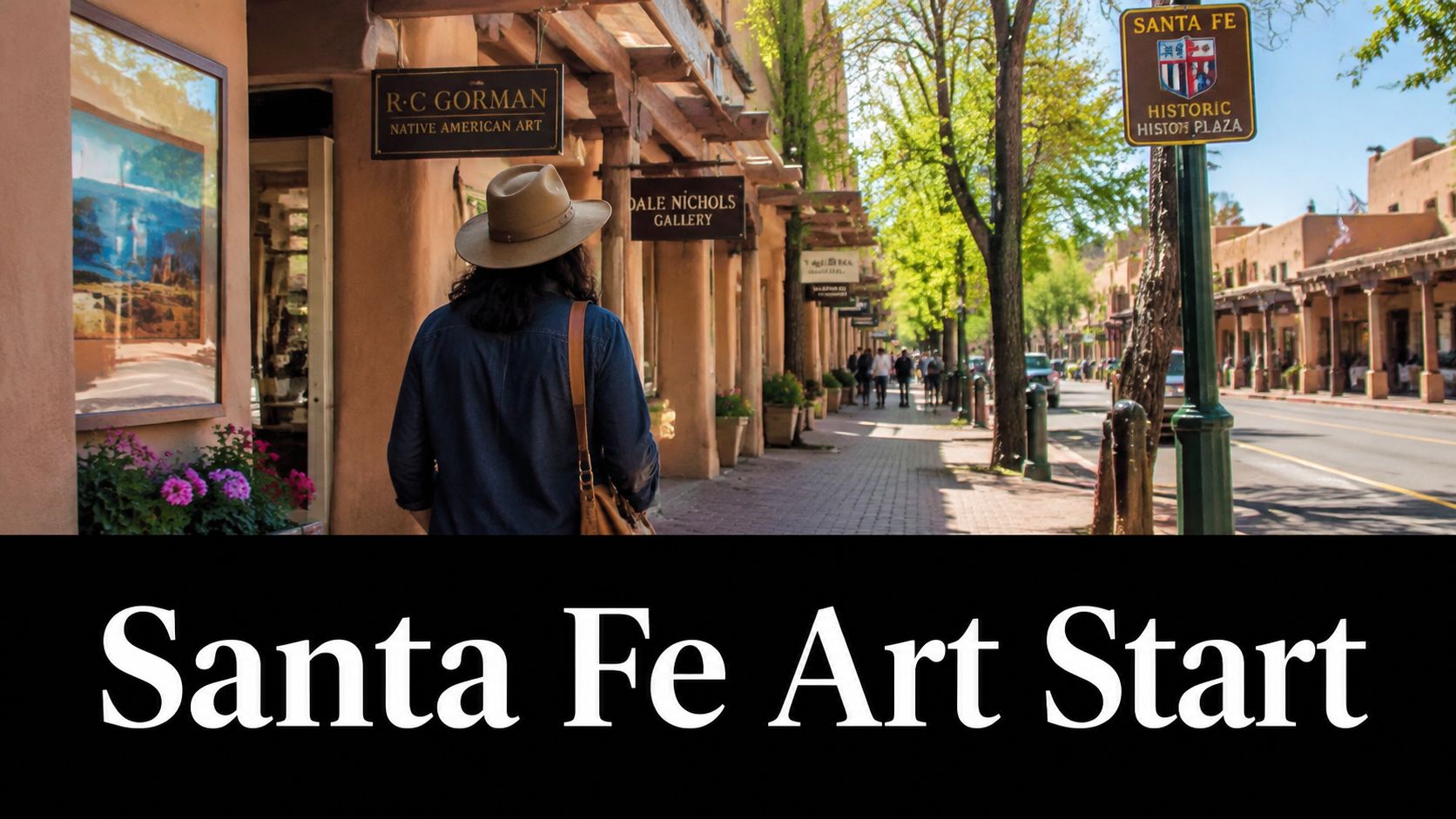 A person wearing a hat walks down a sidewalk past galleries and shops in historic Santa Fe.