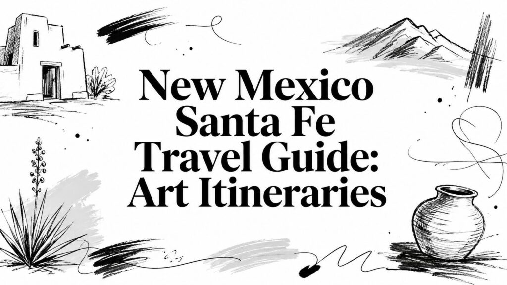 Text reads “New Mexico Santa Fe Travel Guide: Art Itineraries” with desert art sketches.