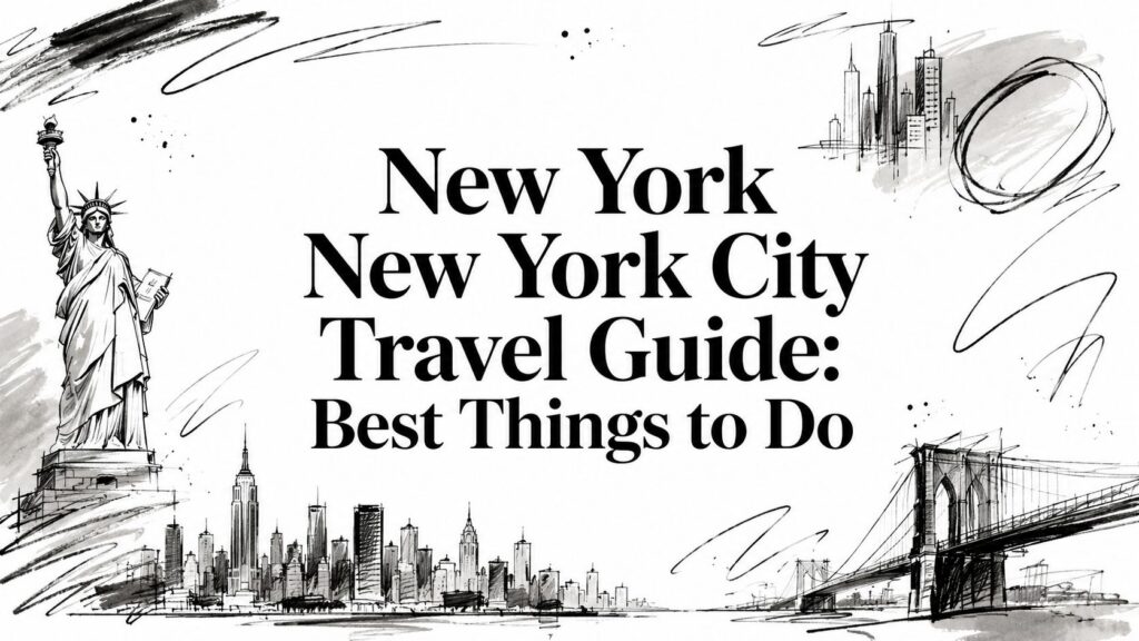 Black and white drawing of NYC landmarks with text: New York City Travel Guide Best Things to Do.