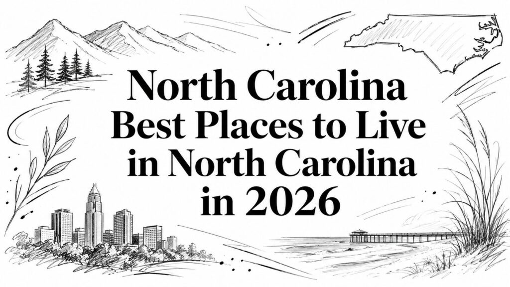 The image shows “North Carolina Best Places to Live in 2026” text with NC icon sketches above it.