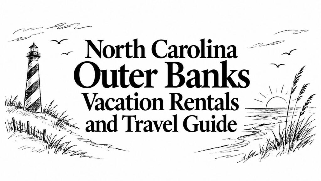 A family enjoys the beach with vacation rentals in Outer Banks, NC visible along the shoreline.