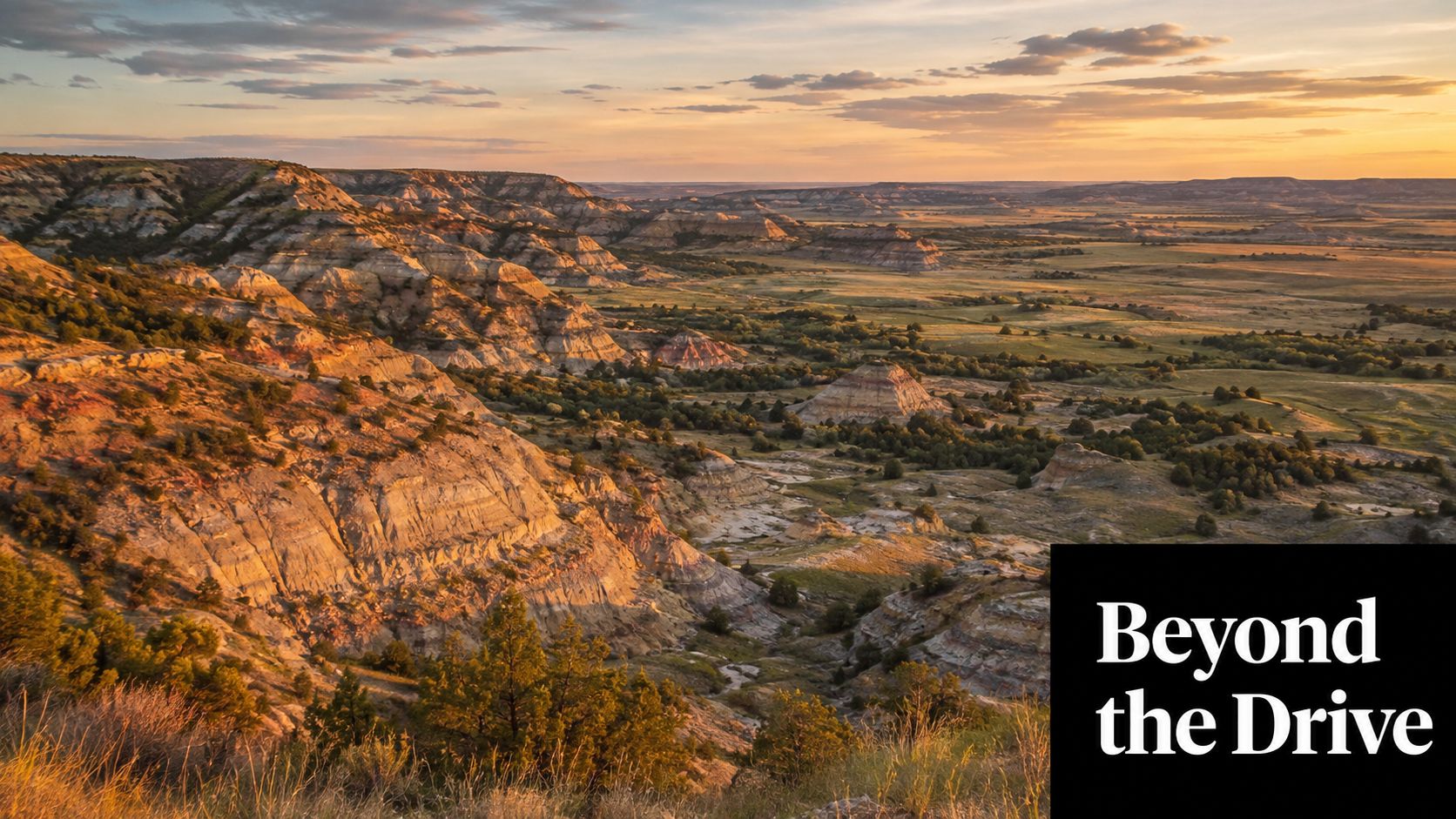 A scenic view of the rugged, sunset-lit landscape of Theodore Roosevelt National Park in North Dakota.