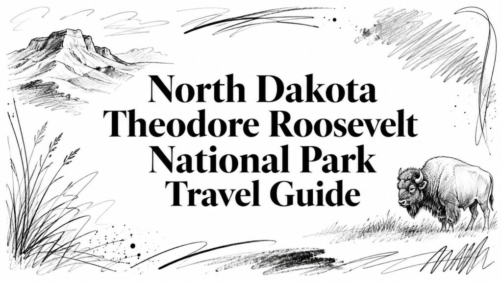 North Dakota Theodore Roosevelt National Park Travel Guide with sketches of bison, grass, and mountains.