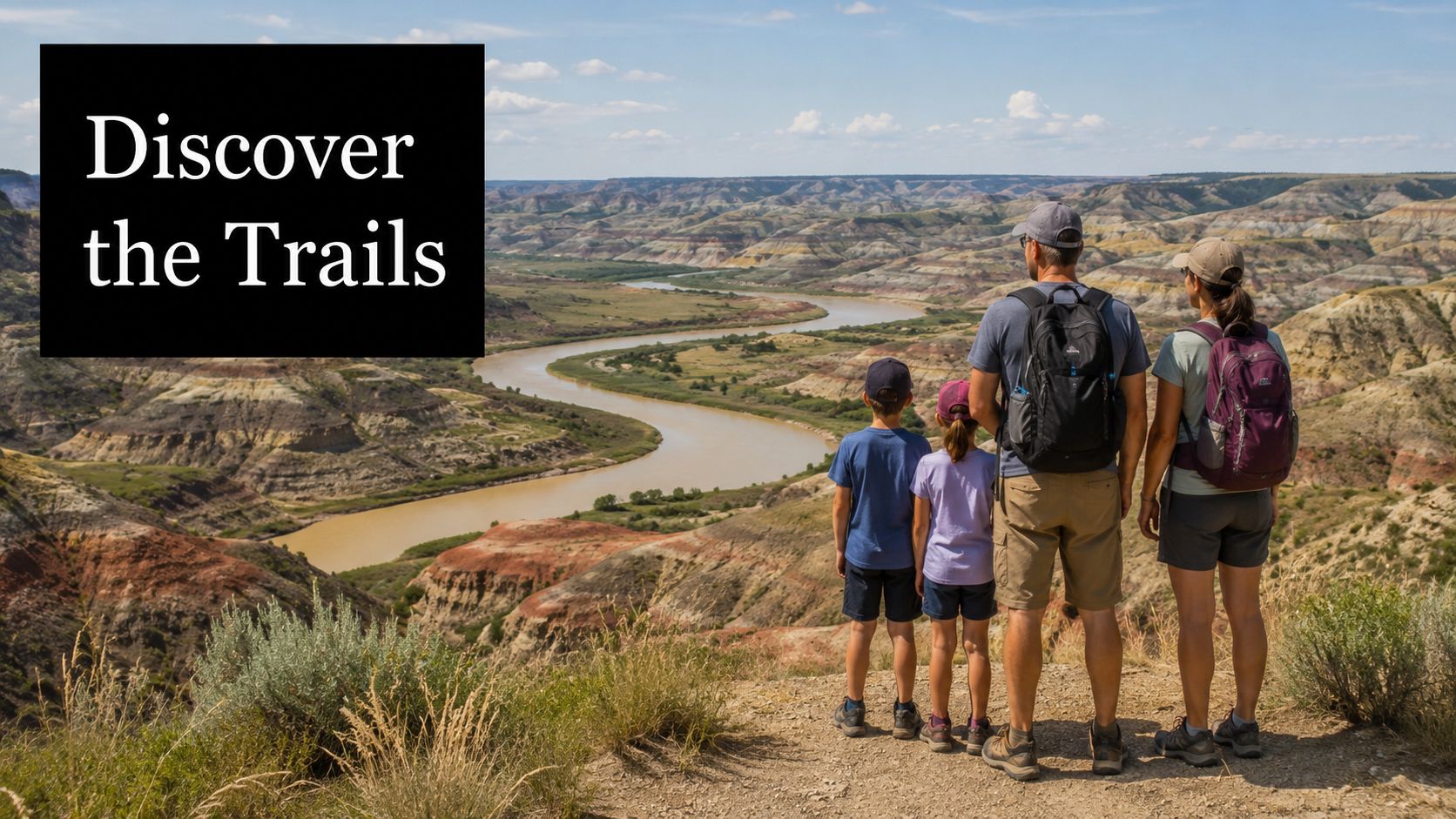 A family of four overlooking the scenic Little Missouri River in Theodore Roosevelt National Park, North Dakota.