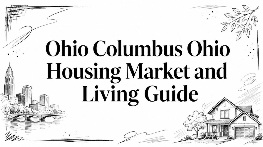 The image shows “Ohio Columbus Ohio Housing Market and Living Guide” text with a house and cityscape sketch.