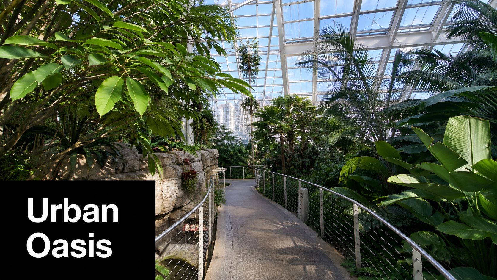 A scenic walking path inside a lush botanical conservatory with large tropical plants under a glass ceiling.
