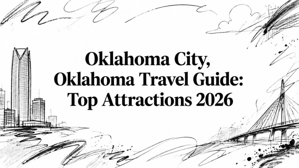 Oklahoma City, Oklahoma Travel Guide showing a sketched cityscape with a bridge for top attractions 2026.