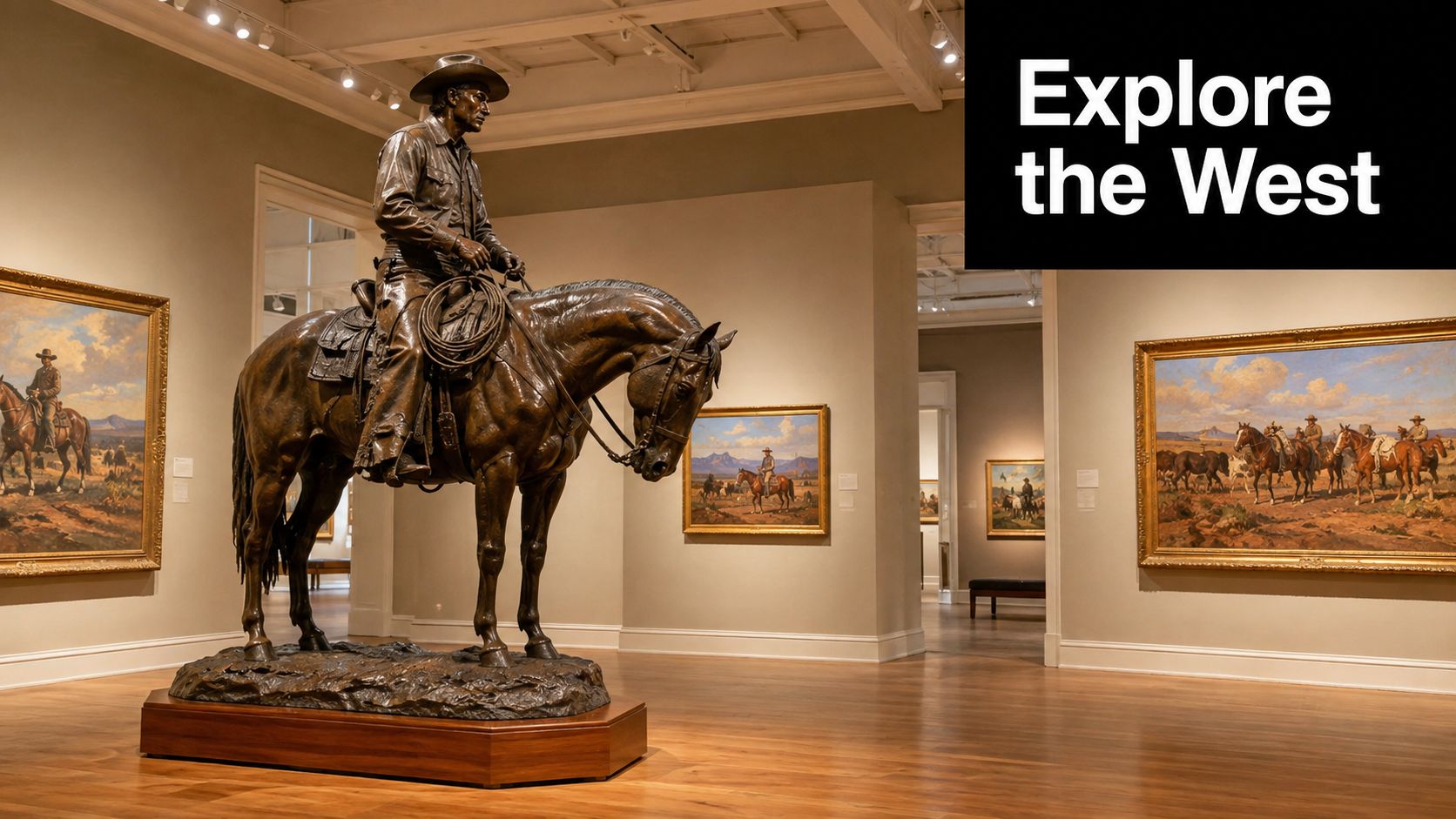 A large bronze sculpture of a cowboy on a horse displayed inside a Western art museum gallery.