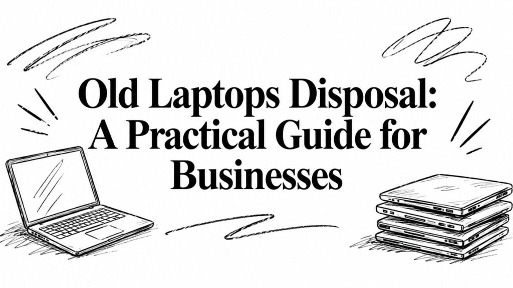 Text reads “Old Laptops Disposal: A Practical Guide for Businesses” with drawings of several laptops.