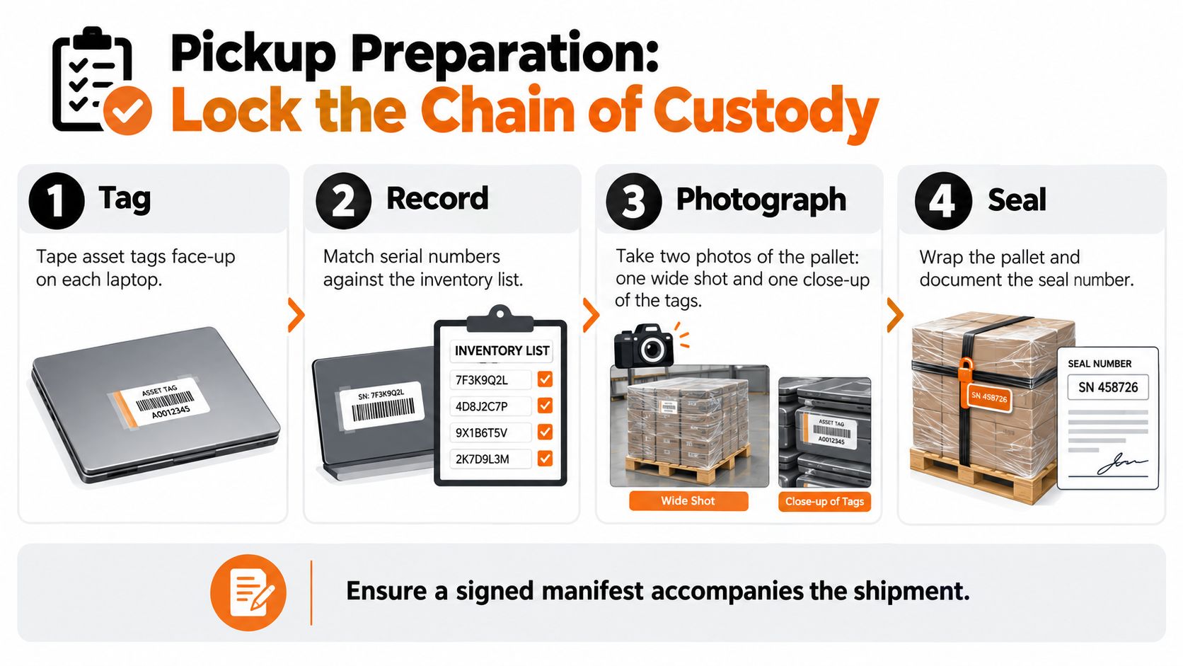 A four-step infographic illustrating procedures for preparing laptops for pickup and ensuring a secure chain of custody.