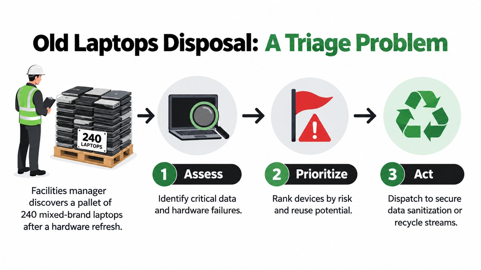 A diagram illustrating a three-step triage process for disposing of 240 old laptops after a hardware refresh.