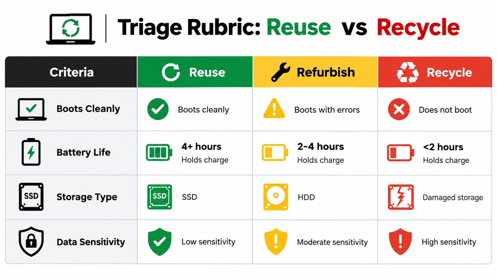 A triage rubric chart for old laptops, comparing criteria for reusing, refurbishing, and recycling devices.