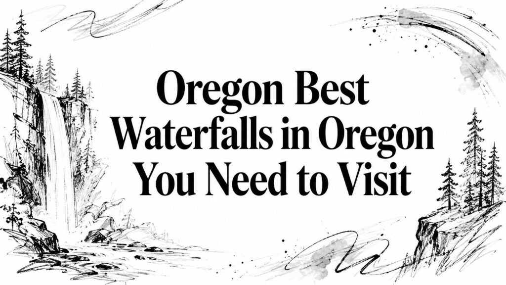 Sketch of a waterfall and trees with text: Best Waterfalls in Oregon You Need to Visit for nature lovers.