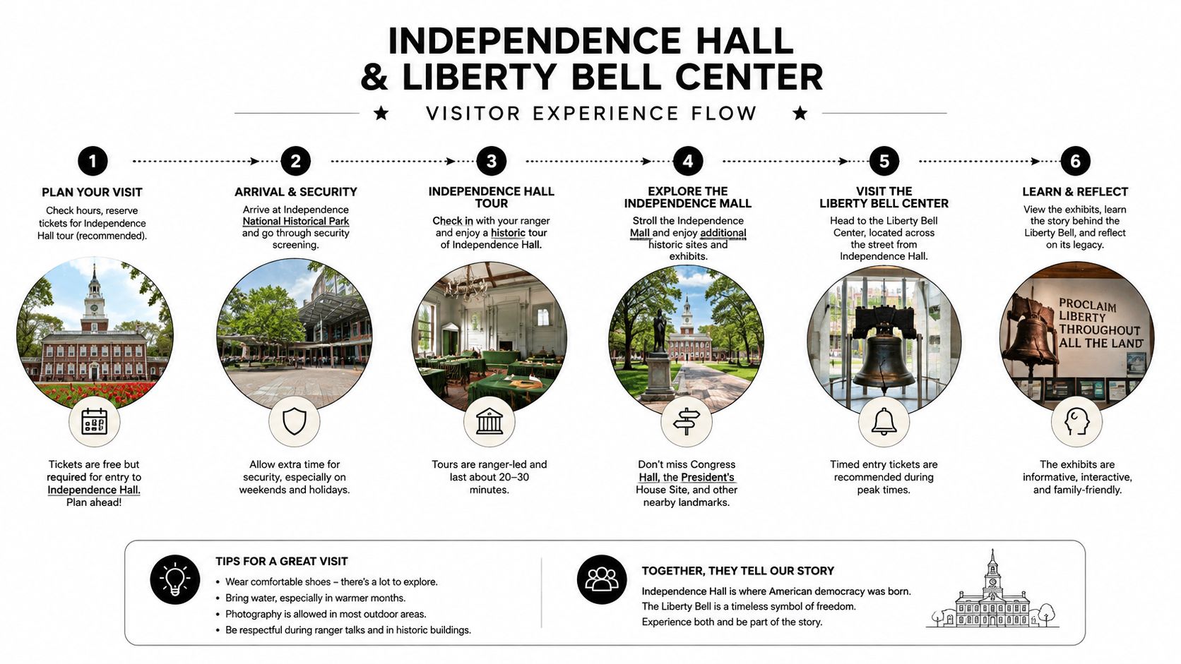 A step-by-step visitor experience guide for touring Independence Hall and the Liberty Bell Center in Philadelphia.