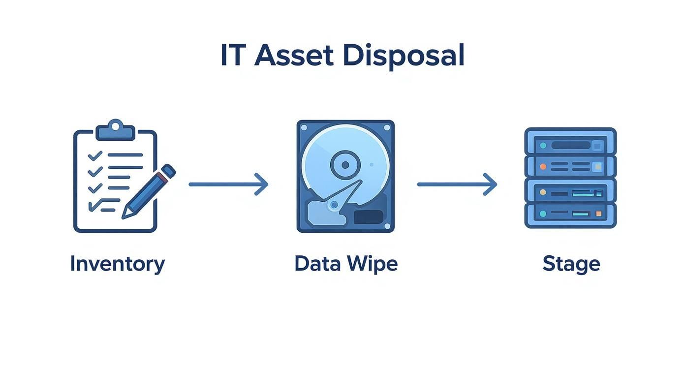 A flowchart illustrates the IT asset disposal process, covering inventory, data wiping, and staging of equipment.