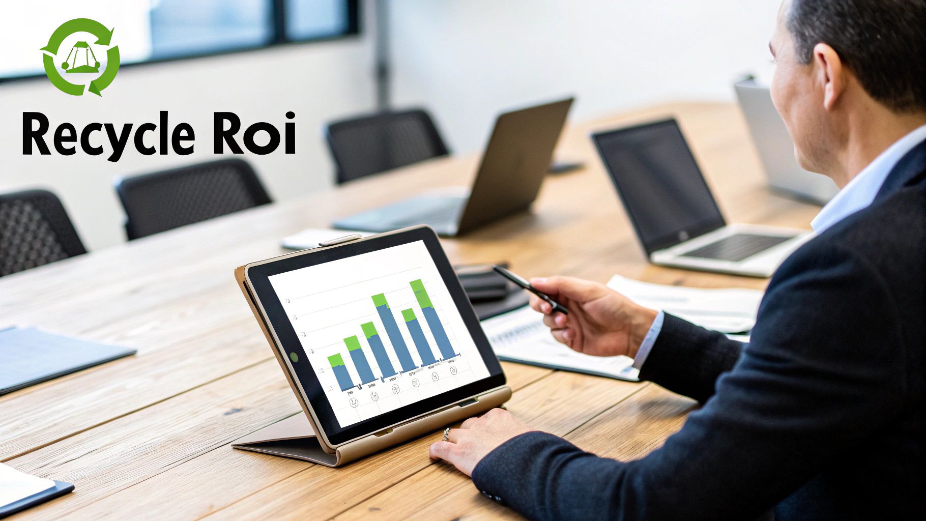 A person in a business meeting points at a tablet displaying a bar chart for 'Recycle Roi'.