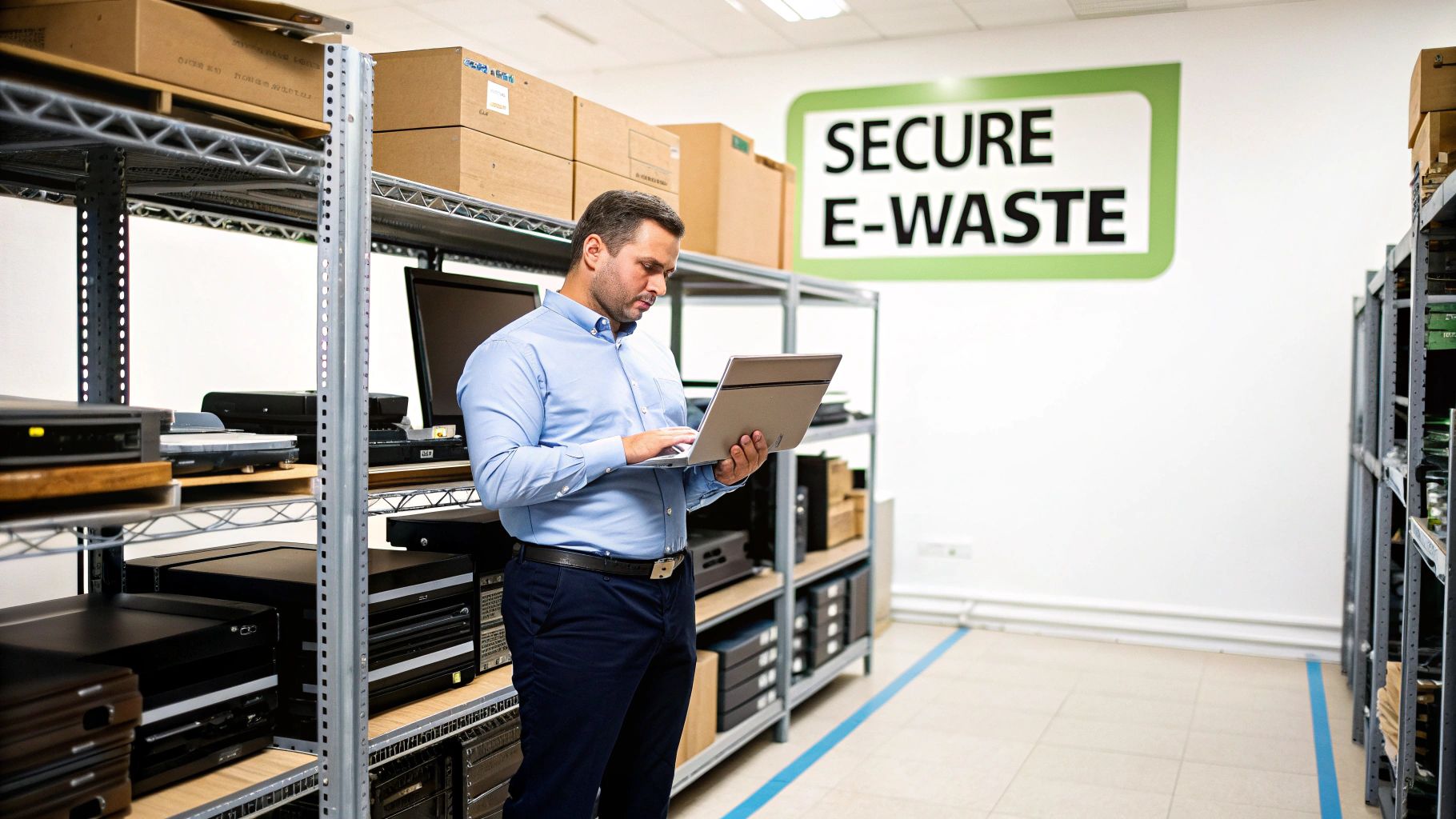 A man uses a laptop in an e-waste management facility with shelves of electronics and a 'Secure E-Waste' sign.